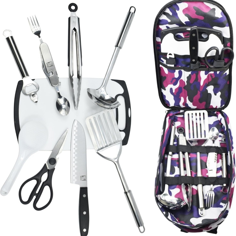 New Wellmax Camping Grill Utensil Set w/ cutting board, bag, spatula, knife, etc